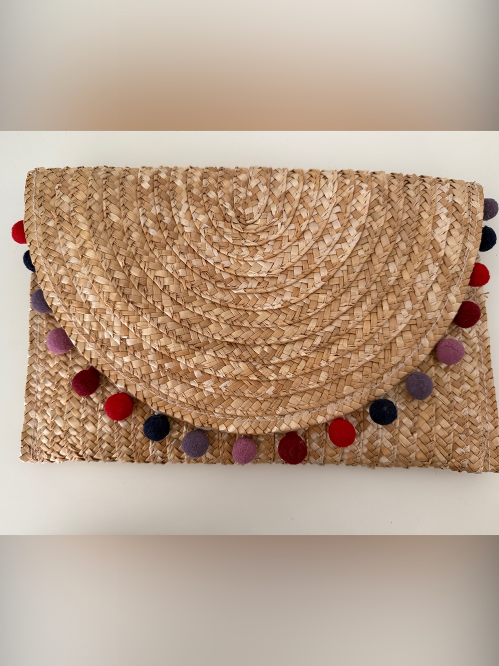 Neutral Straw Pom Pom Clutch with Multicolor Accents
